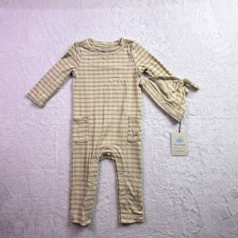 Cloud Island Baby 12M Romper and Hat Set Beige Plaid Ribbed Knit NWT